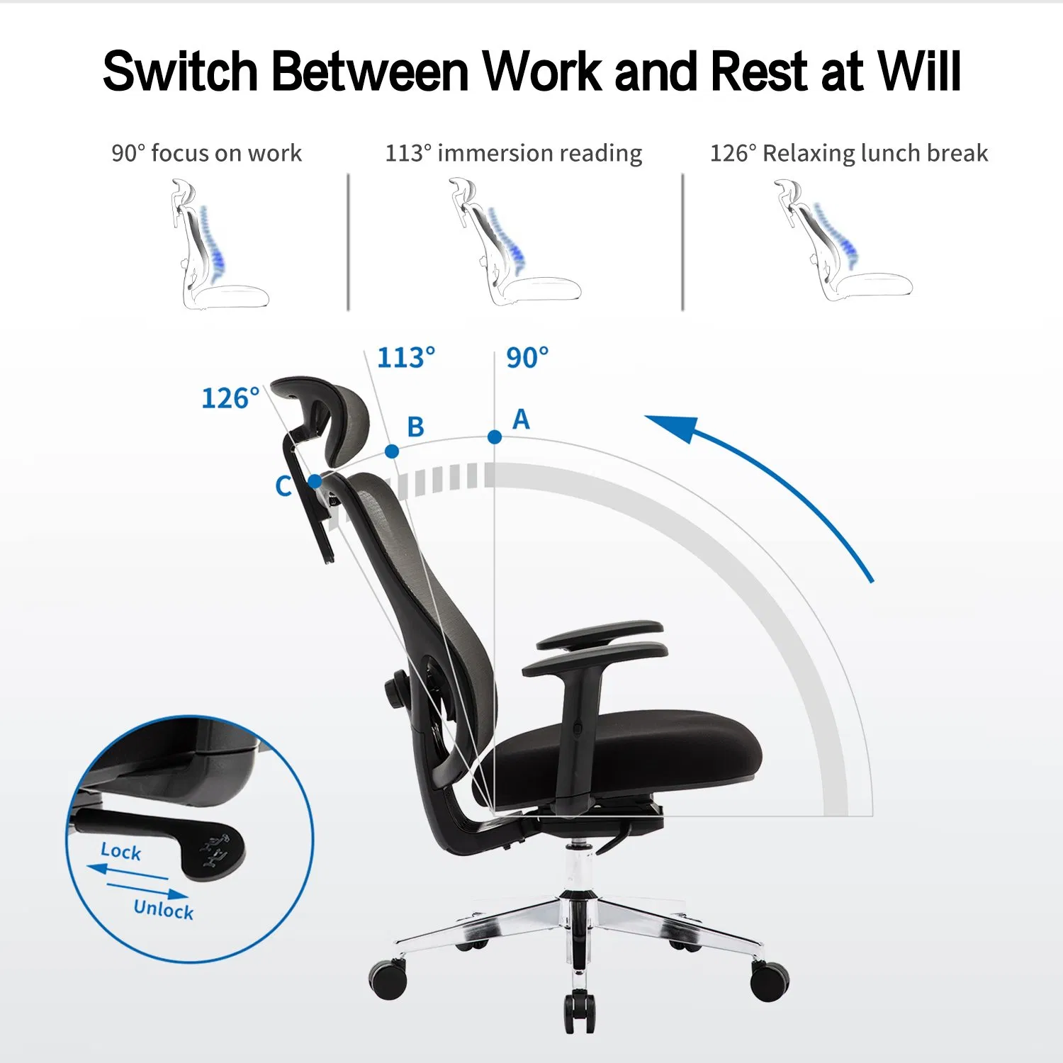 Tiltable High Back Gaming Ergonomic Study Work Office Chair with 2D Lumbar Support