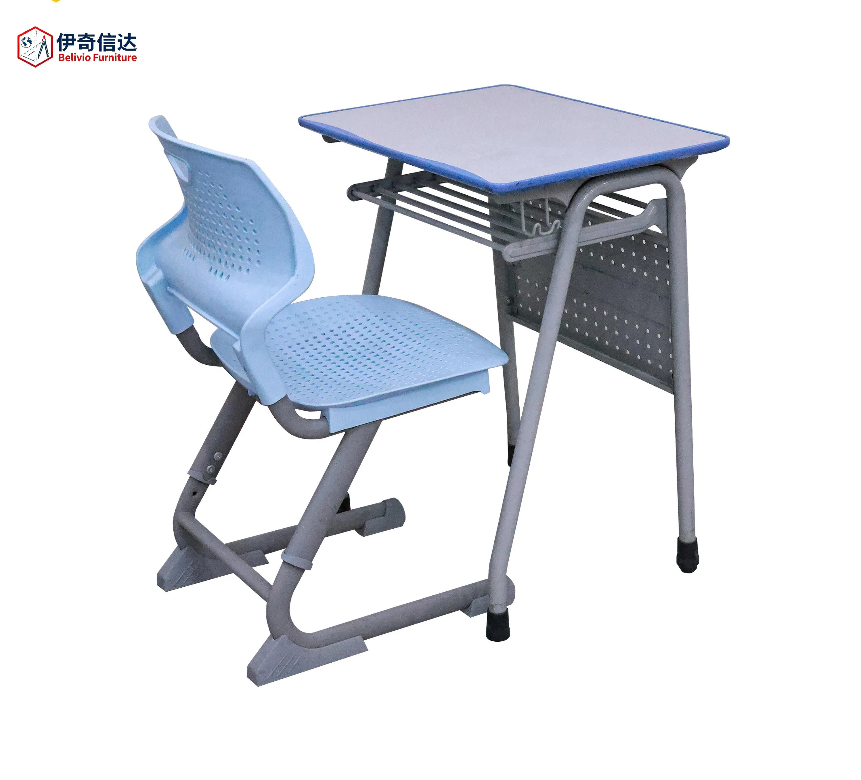 Single School Desk and Chair Set with Breathable Plastic Seat &amp; Book Basket for Classroom Use