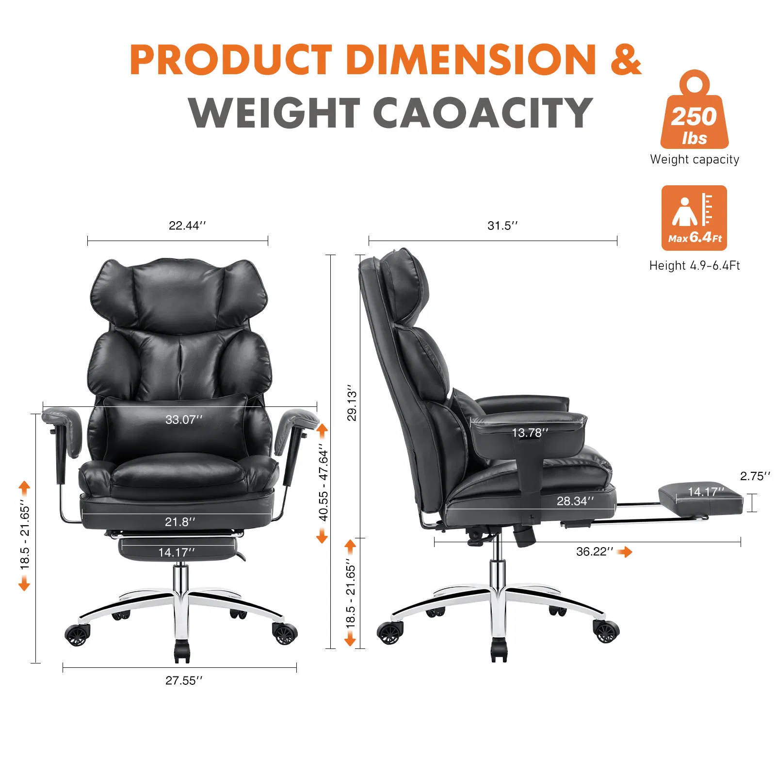 PU Leather Executive Computer Task Chair with Leg Rest and Lumbar Support