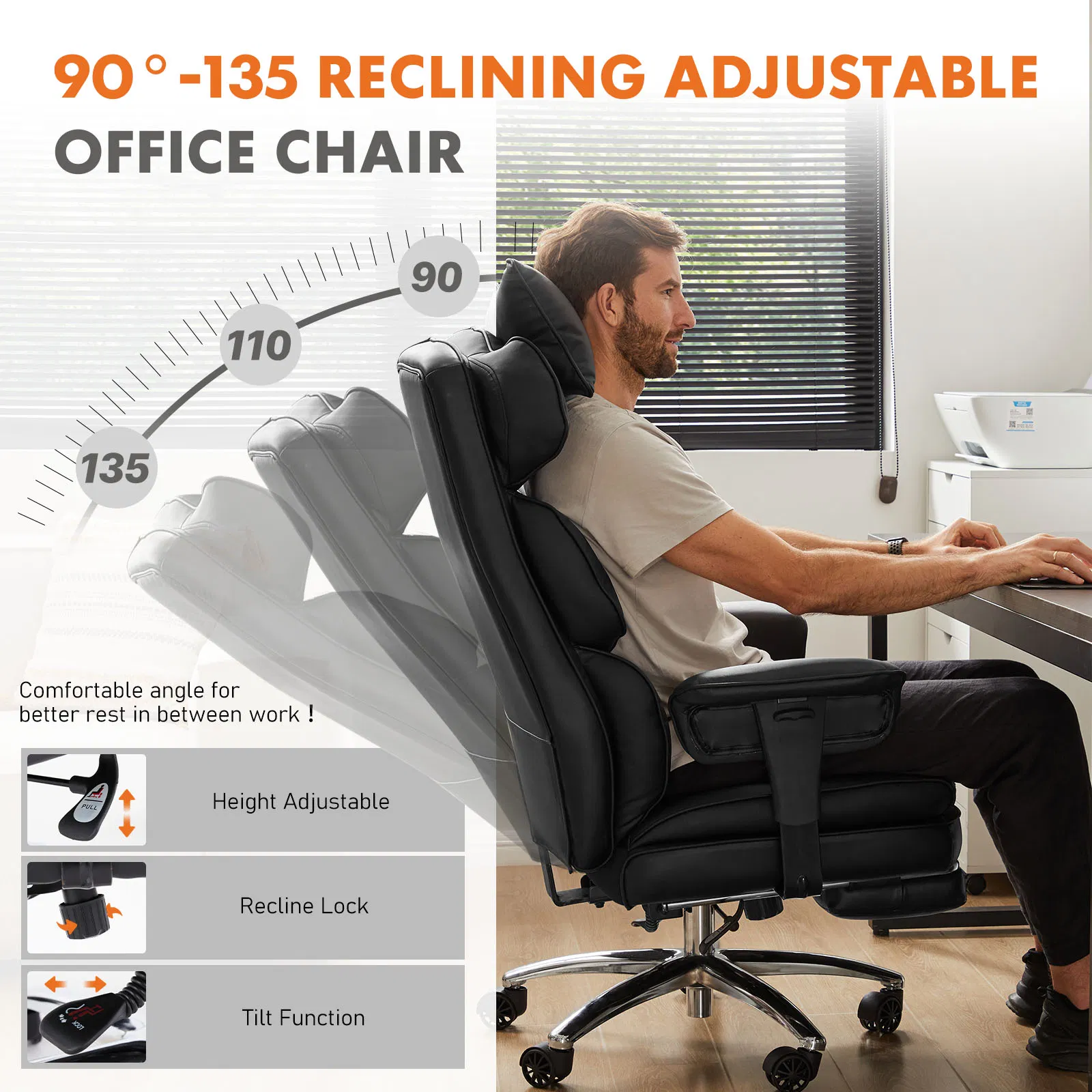 PU Leather Executive Computer Task Chair with Leg Rest and Lumbar Support