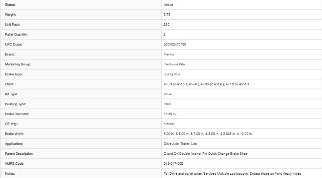 Brake Shoe Repair Kit Specs