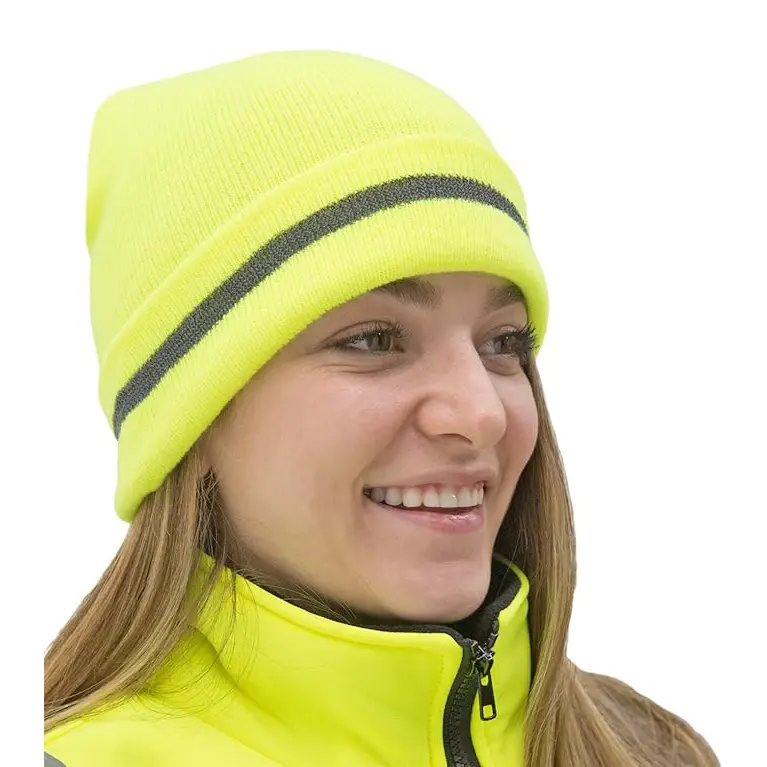 Wholesale Hi viz Beanie High Visibility Winter Safety Hat with Reflective Stripe LED Light Manufacturers, Factories