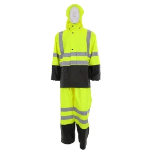 Wholesale Hi-Visibility PU Cotton Poly Blend Stretch Fabric Reflective Rain Suit