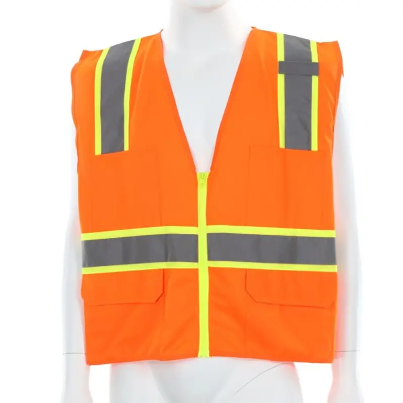 Wholesale Hi-Vis Reflective Orange Safety Vest with 3-Inch Lime Silver Stripes Zipper Front Closure Suppliers, Supplier