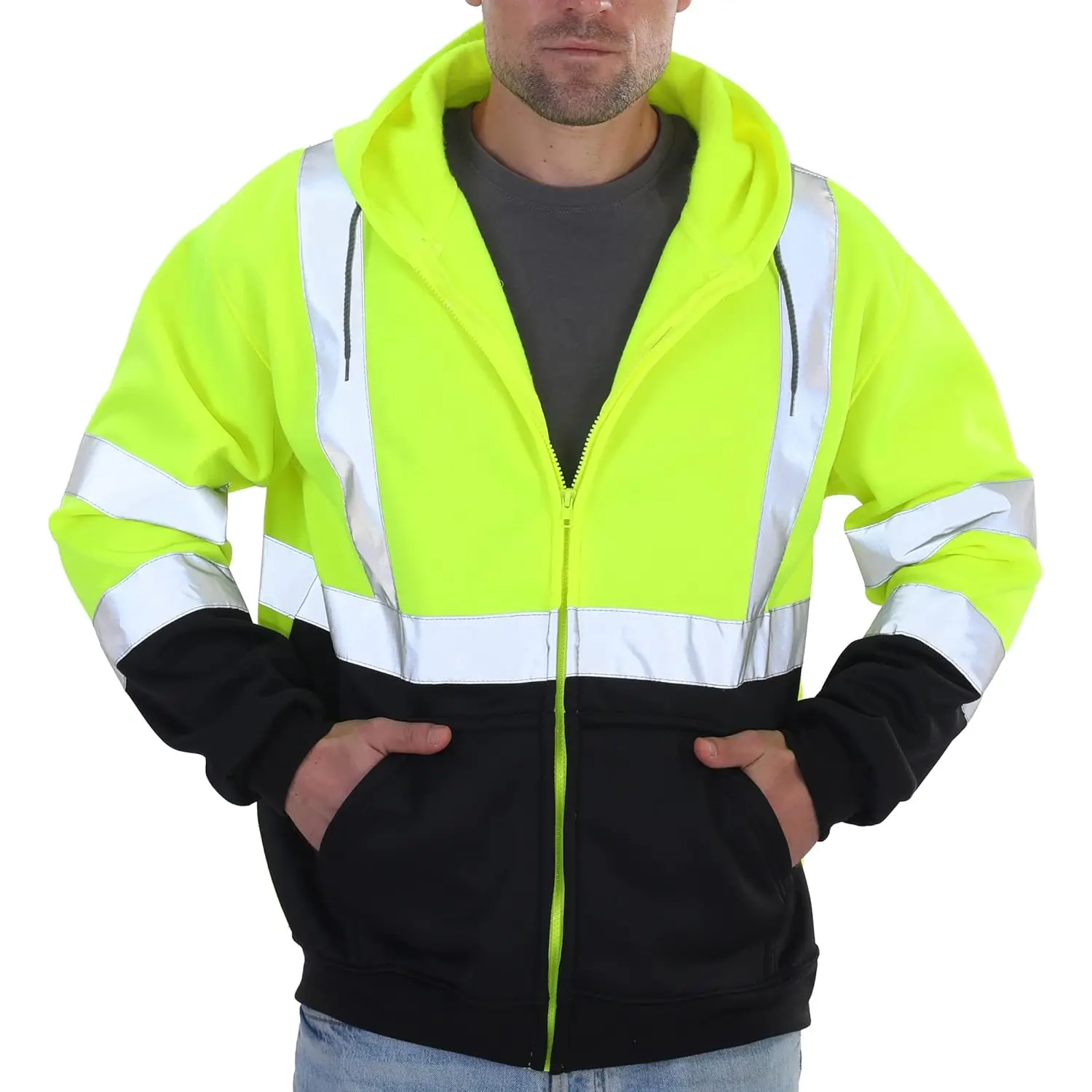 China High Visibility Class 3 Reflective Zippered Safety Hooded Sweatshirt Manufacturers, Factories