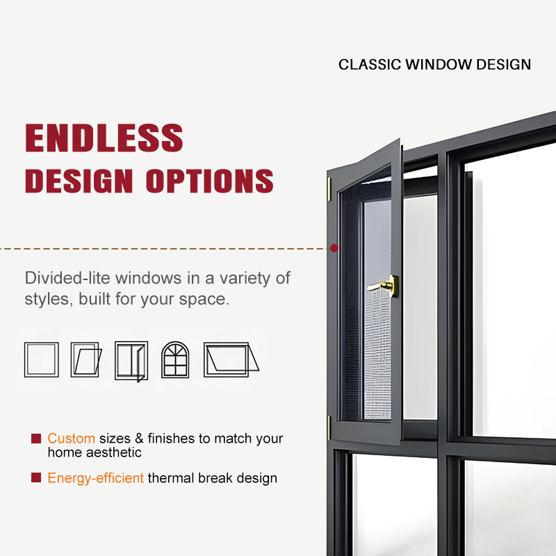 Hot Sale French Courtyard Design Waterproof Residential Double Tempered Glass Thermal Break Aluminum Sliding Windows