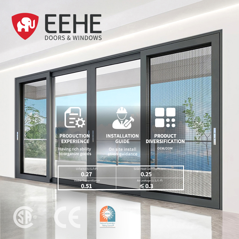 Eehe Modern Aluminum Double Glazed Black Frame Sliding Door For Villas Houses Outdoor &amp; Hotel Use