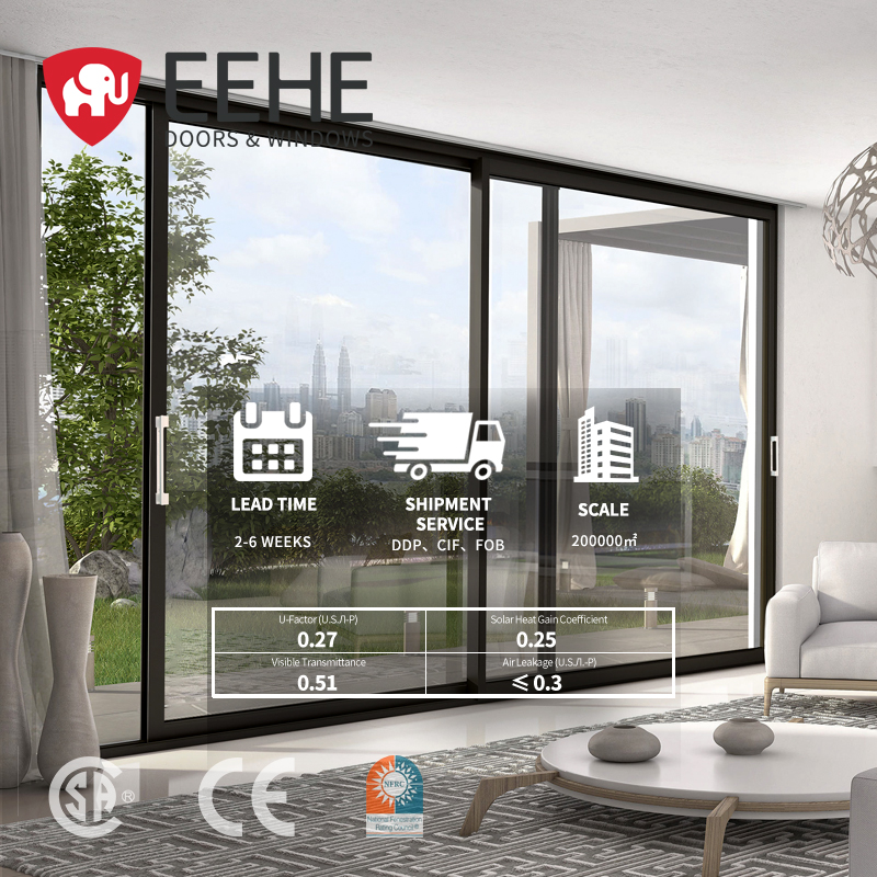Eehe Modern Aluminum Double Glazed Black Frame Sliding Door For Villas Houses Outdoor &amp; Hotel Use