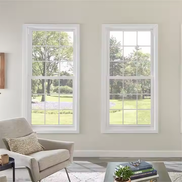 Modern Style American PVC UPVC Single Double Hung Windows Vertical Sliding Vinyl Low E Fiberglass Screen Plastic Featuring Grill