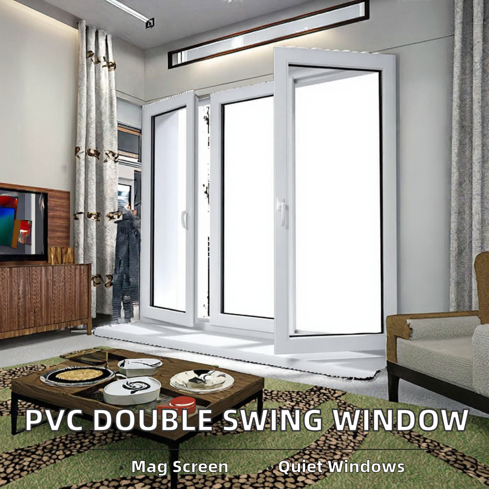 High Quality PVC UPVC Casement Double Swing Windows with Magnetic Screen for Bathroom Application