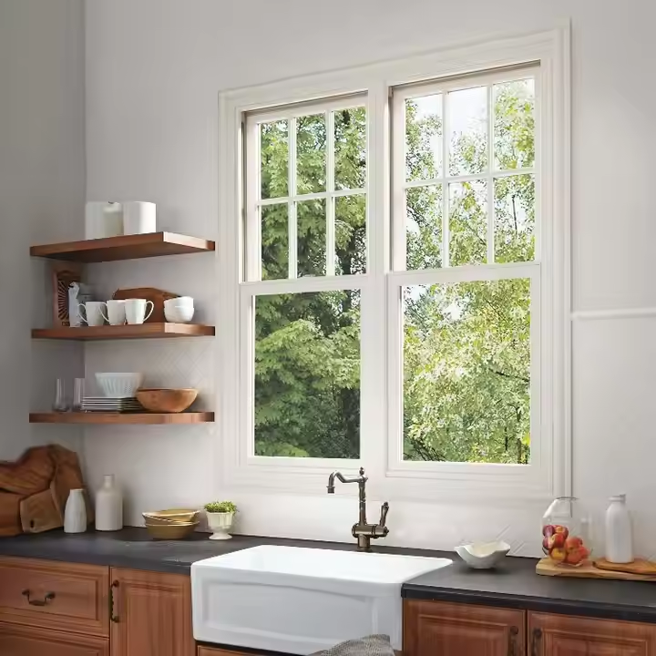 Modern Design Single Double Hung Residential UPVC PVC Windows Vinyl Double Glass with Fiberglass Screen Netting Plastic Frame