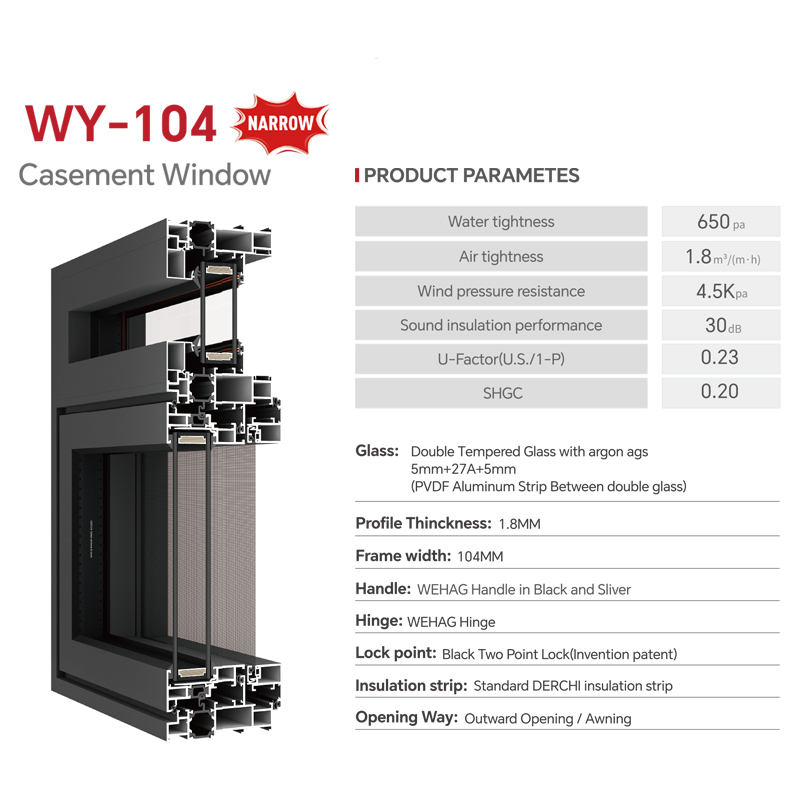 DERCHI New Product Slim Frame Triple Soundproof Double Glazed Insulated Aluminium Casement Window Hurricane Proof windows