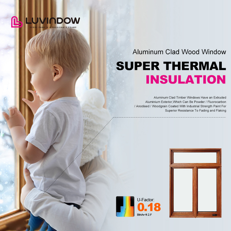 American Style Double Safety Glass Residential Window Aluminum Clad Wood Crank Open Windows