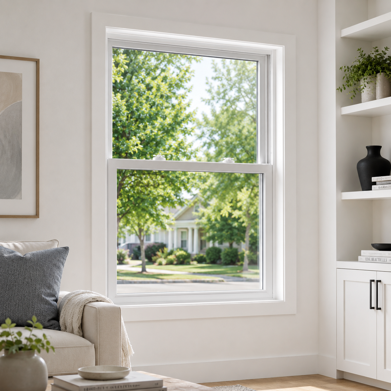 Modern Single Hung PVC Windows Weather Resistant Construction Heat Insulation Energy Saving for Exterior Use Residential