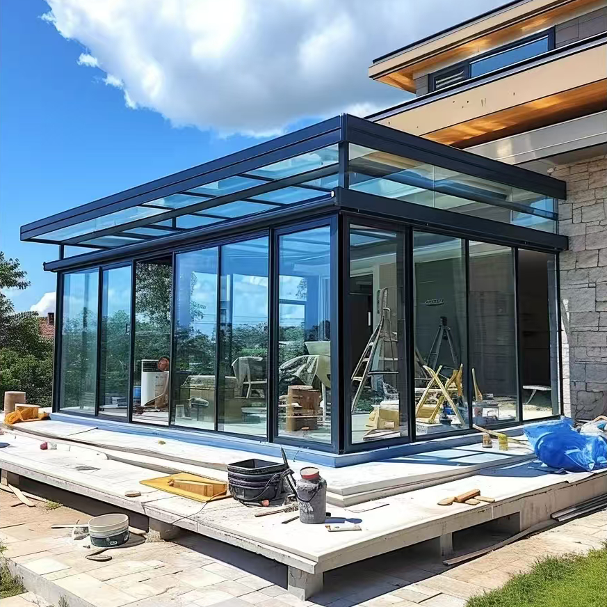 Four-Season Sunroom With Insulated Panels And Sliding Glass Doors