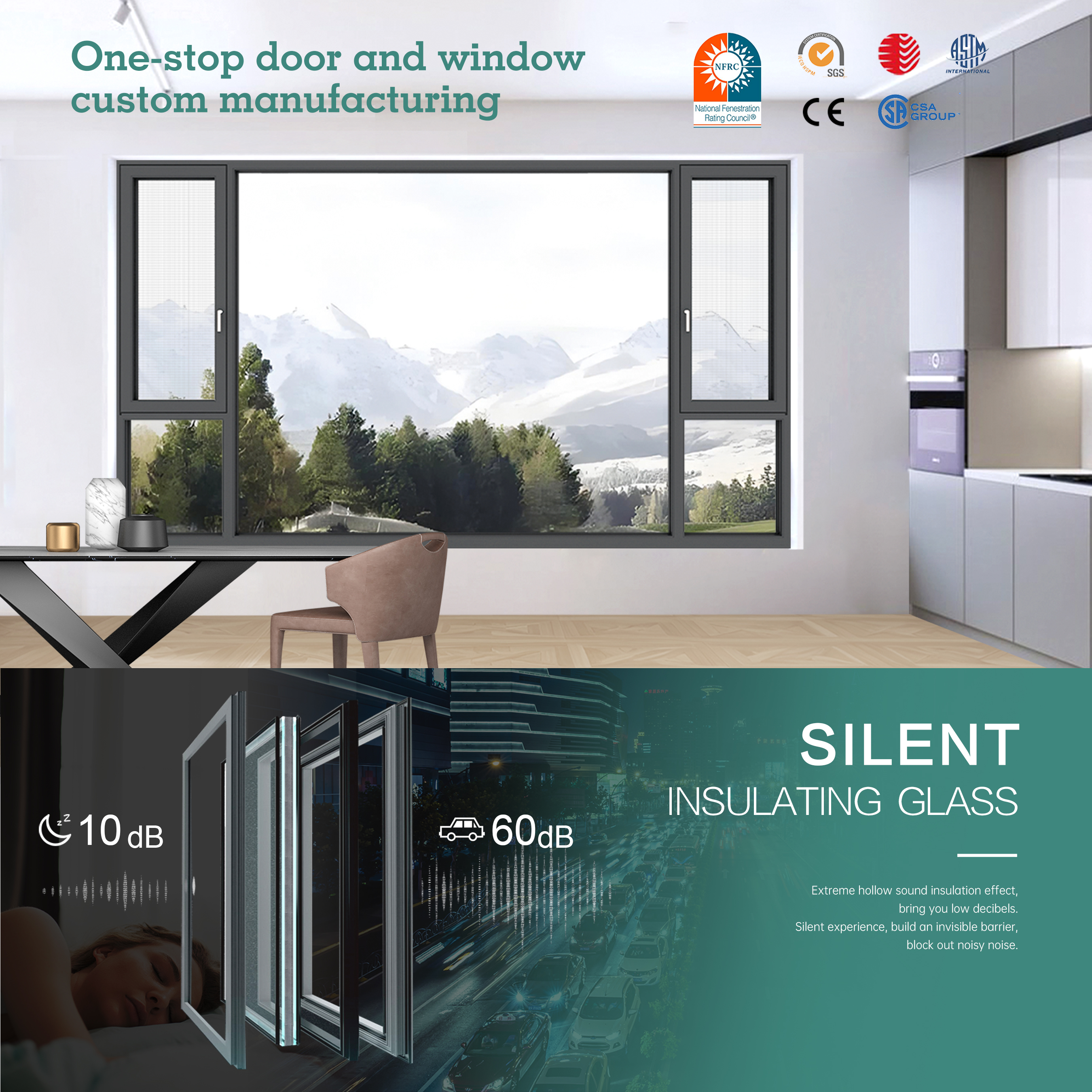 SUNGYE Smart Motorized Blinds Thermal Break Casement Windows for Luxury Hotels Villas