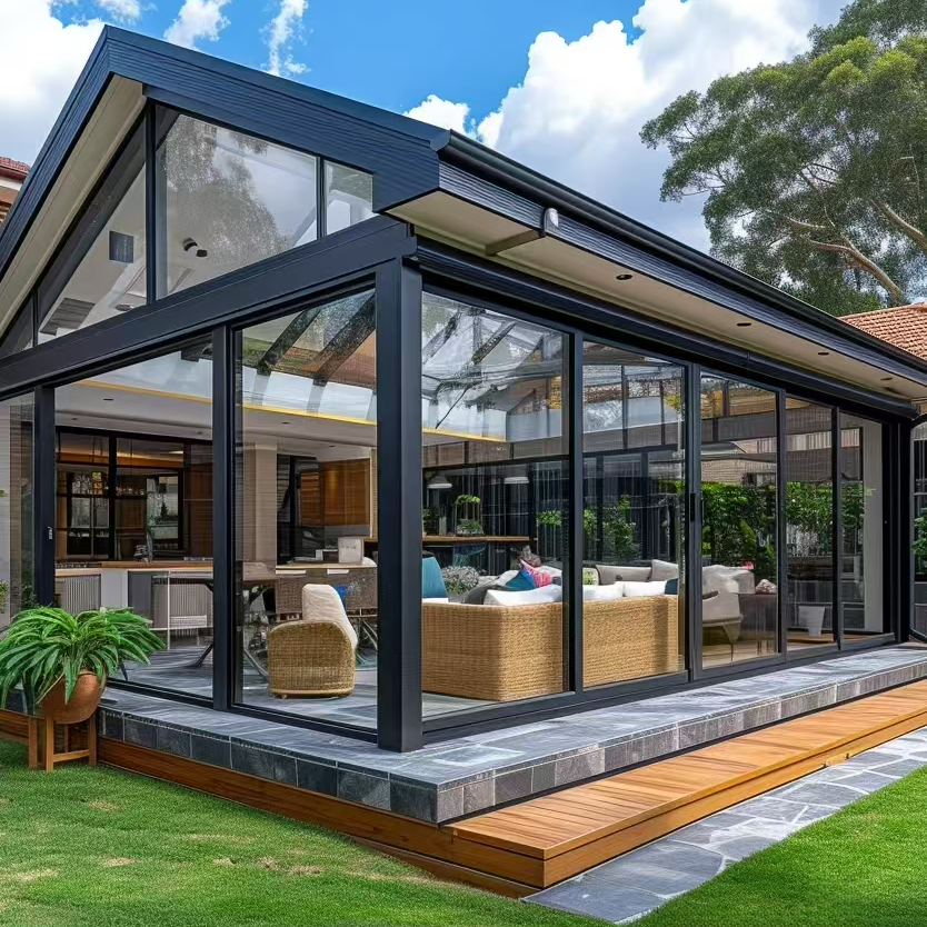 Four-Season Sunroom With Insulated Panels And Sliding Glass Doors