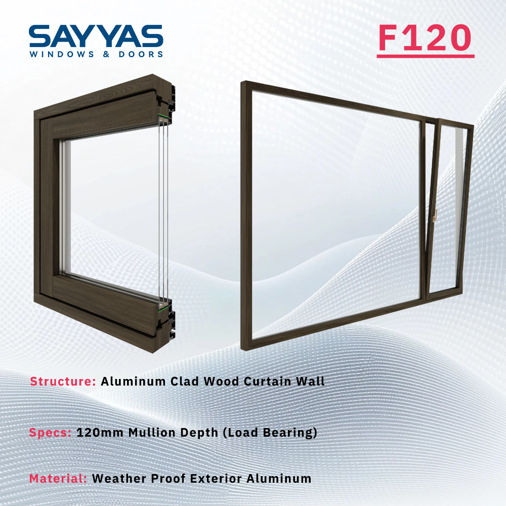 SAYYAS F120 Fixed Modern Minimalist Aluminum Clad Wood Window Profile Large View Unobstructed Glass Office Commercial Building