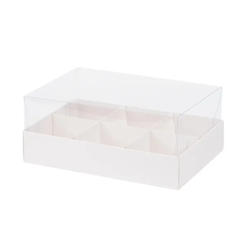Six compartment clear dessert container flat-packed structure