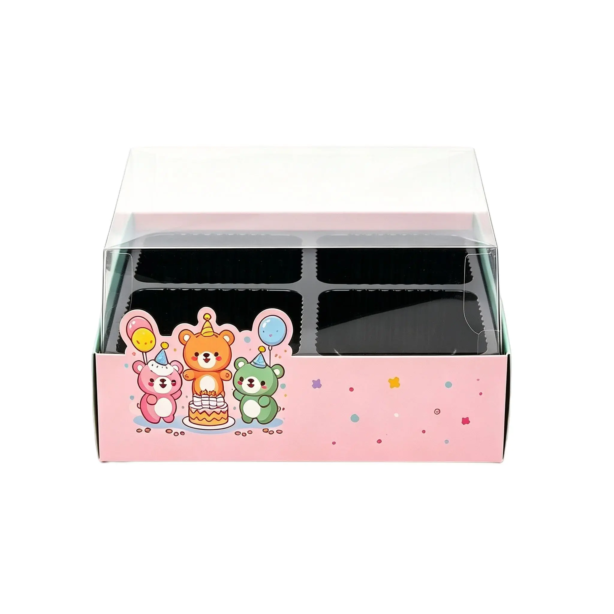 Four compartment pastry box with transparent PET cover