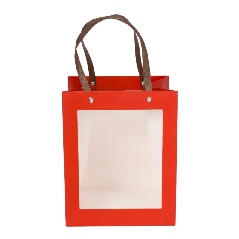 Red window gift paper bag with reinforced rope handles