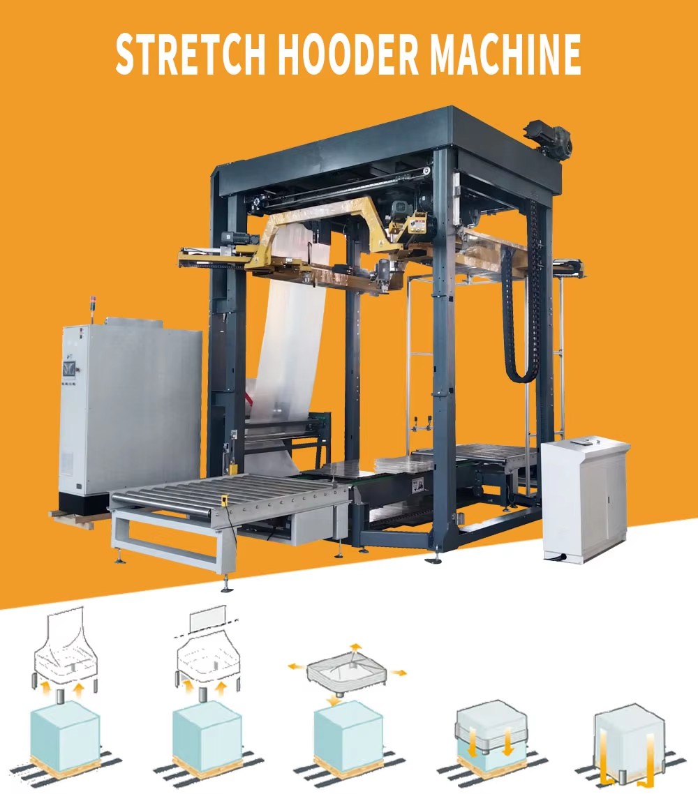 Automatic heavy industrialcold stretching hooded pallet packaging machine, stretching hood machine, film rolling stretching hood