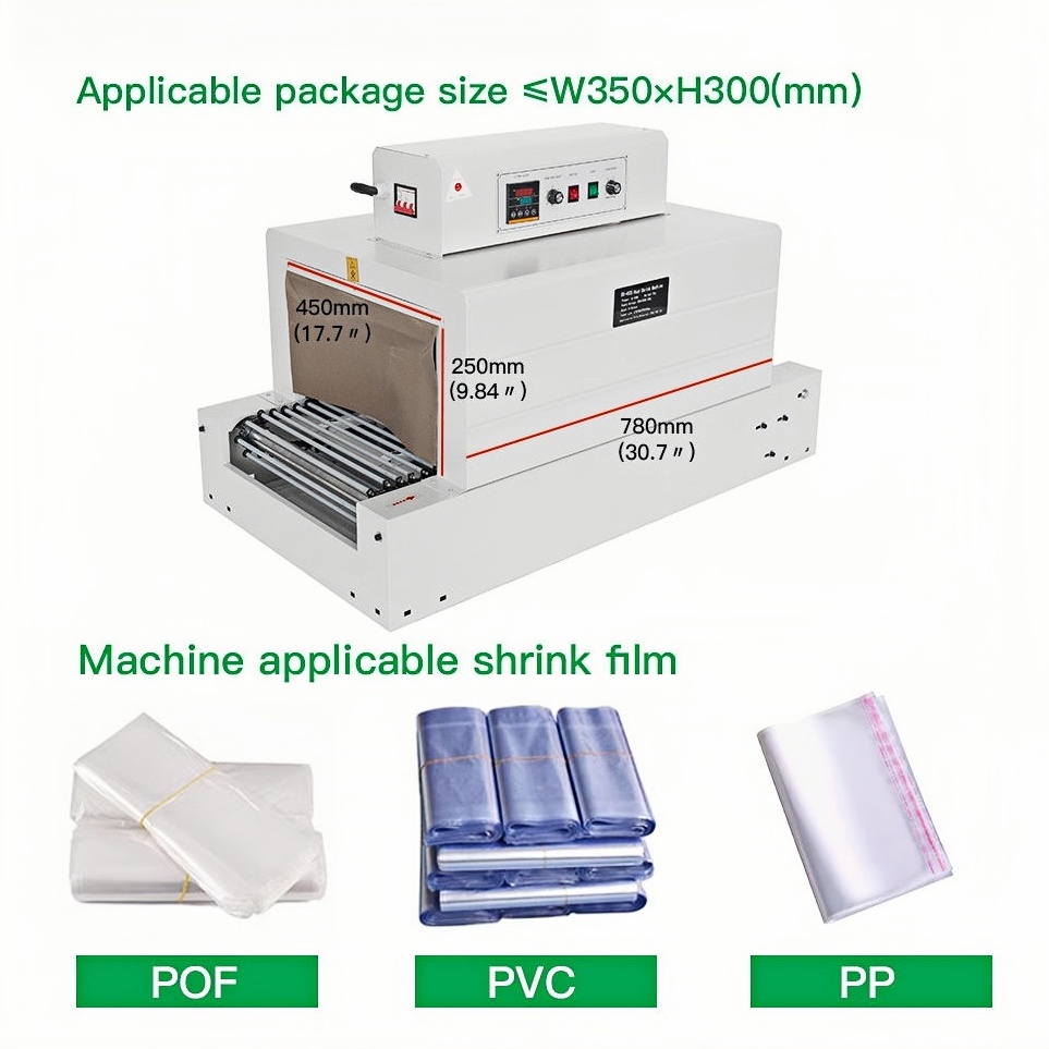 Chain 4525 Vertical Tunnel Heat Shrink Machine for Food Grade Paper/PVC/PP Film Adjustable Speed Temperature Control High