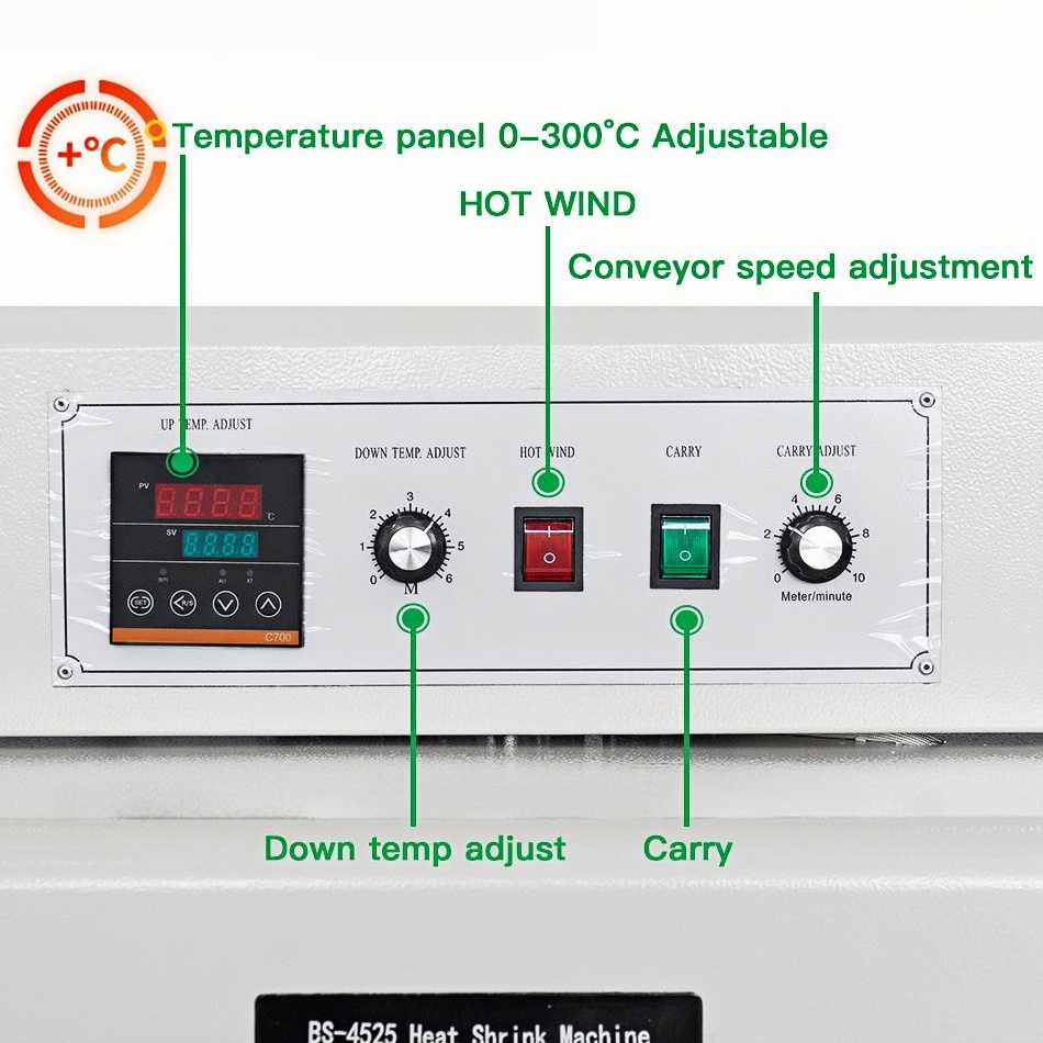 Chain 4525 Vertical Tunnel Heat Shrink Machine for Food Grade Paper/PVC/PP Film Adjustable Speed Temperature Control High