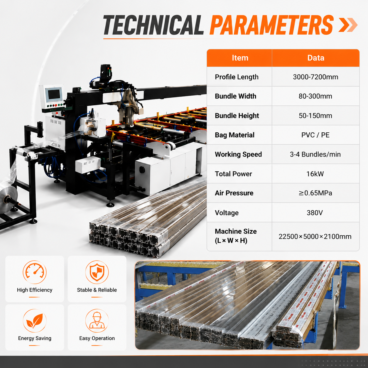 Plastic Profile Bagging Packing Line Automatic Feeding Electric Motor Heat Shrink Packaging Machine
