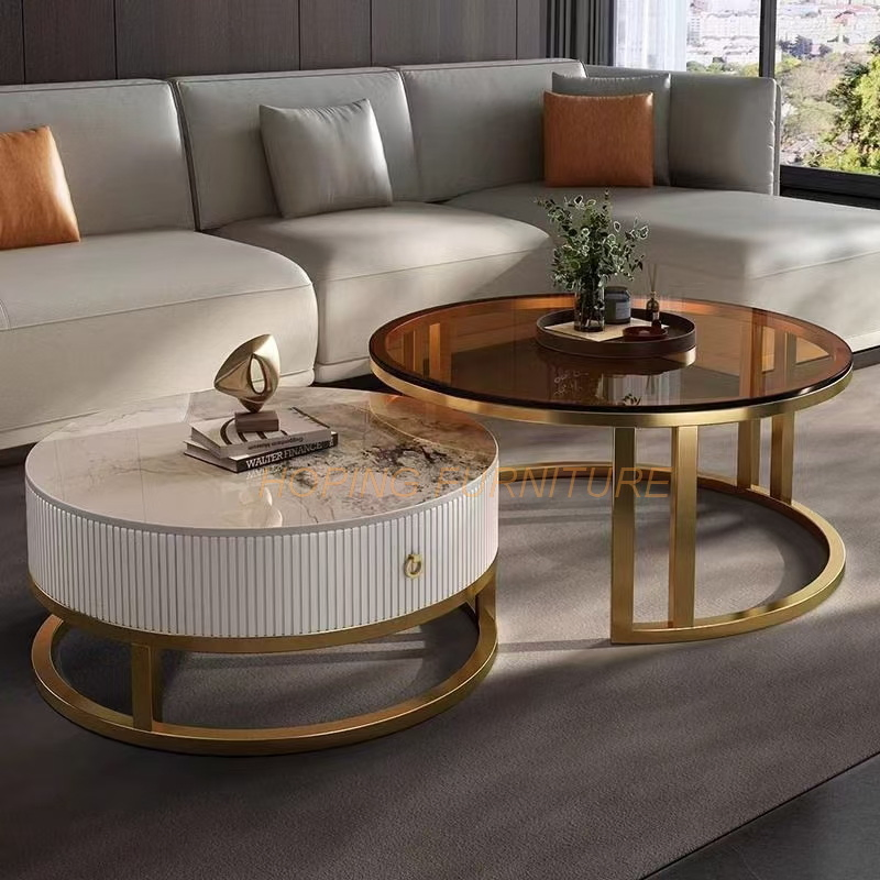 Hotel Center Table Set Gold-Plated Metal Round Marble Glass Top Side Table Corner Tea Modern Natural Stone Coffee Table
