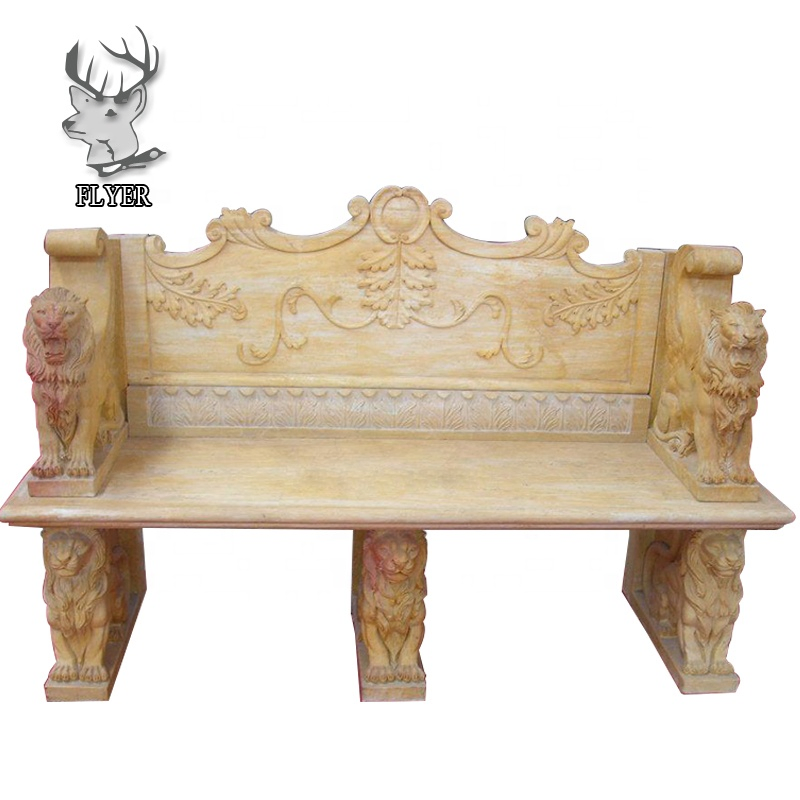 Outdoor Decorative Man Made Beige Marble Stone Carved Lion Statue Bench