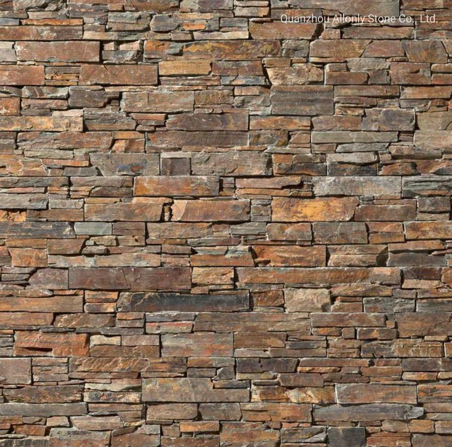 Natural Rusty Slate Stacked Stone Retaining Wall Design