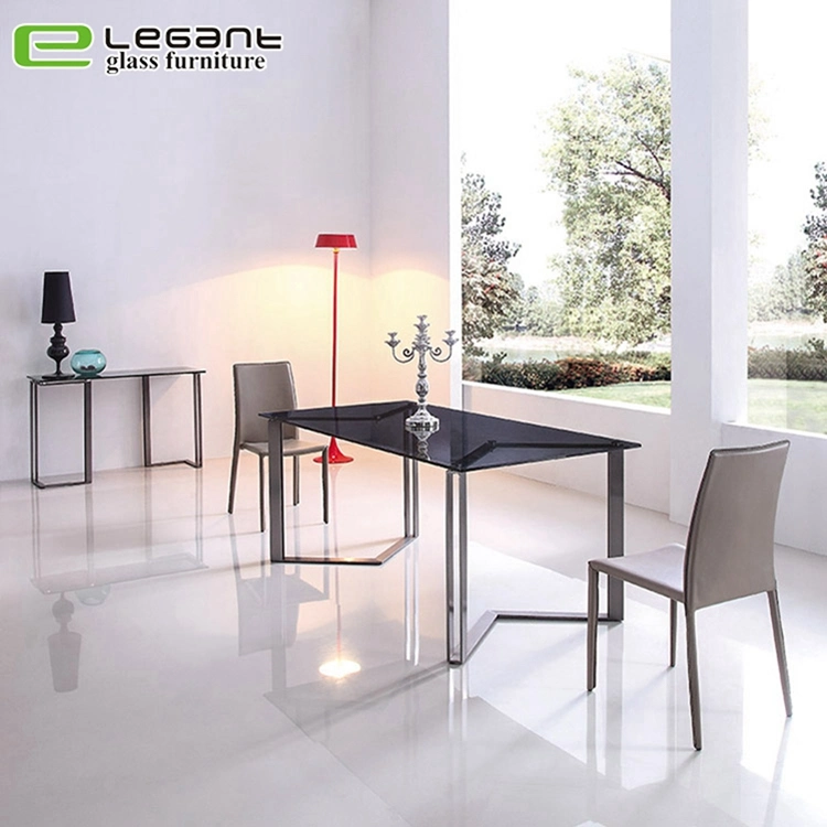 Modern Glass Dining Table with Stone Powder Finish and Black Legs