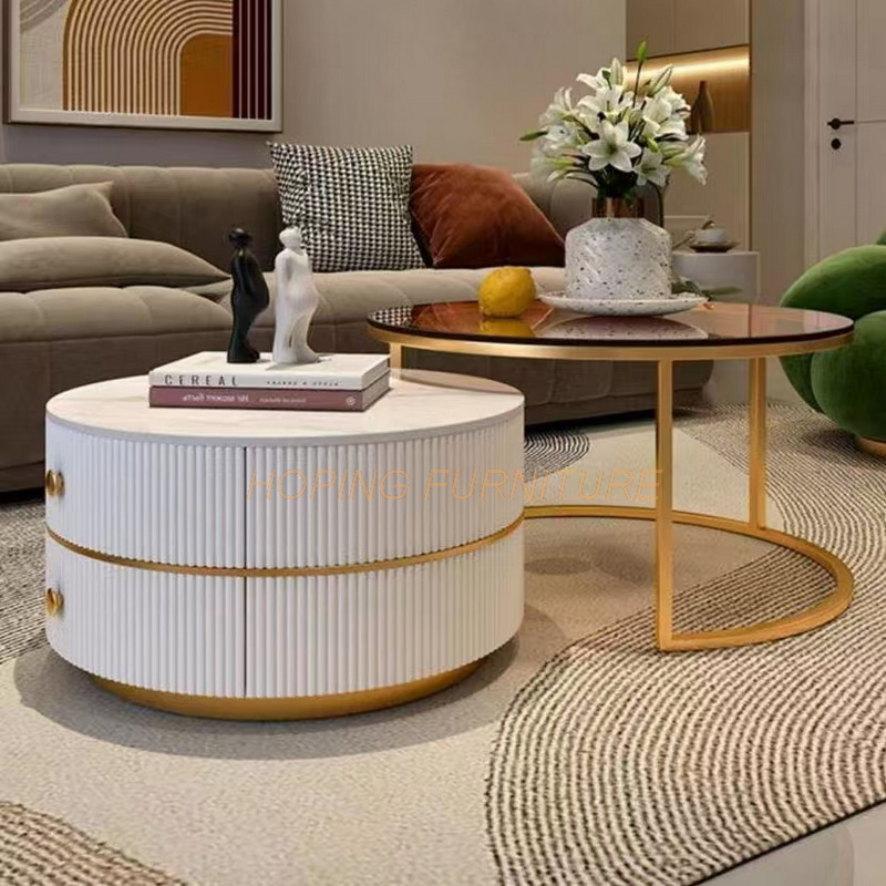 Hotel Center Table Set Gold-Plated Metal Round Marble Glass Top Side Table Corner Tea Modern Natural Stone Coffee Table