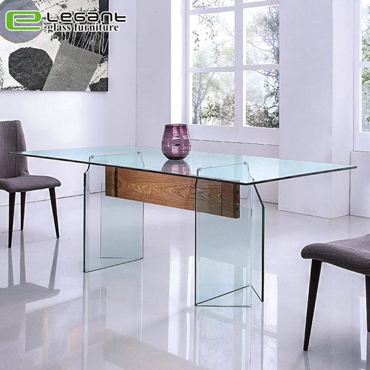 Modern Glass Dining Table with Stone Powder Finish and Black Legs