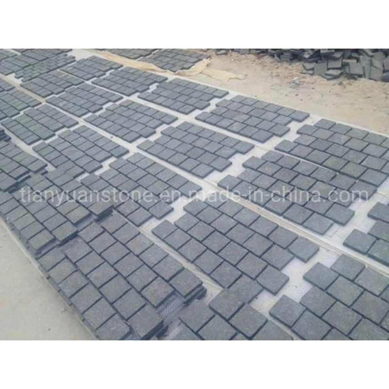 Interlocking Flamed Finish G684 Black Cobblestone on Mesh for Driveway Walkway Pavement