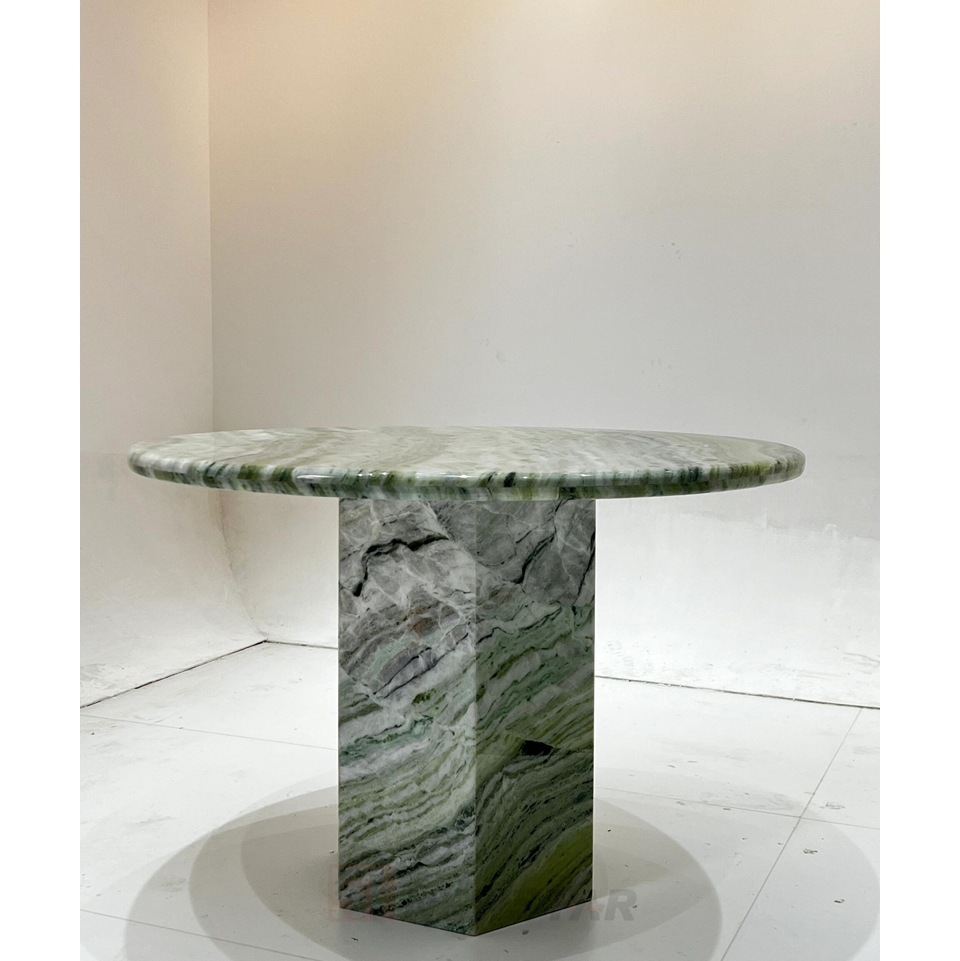 Premium Round Shangrila Marble Dining Table Stone Furniture Hexagon Base Design Modern Light Green Marble Dining Table