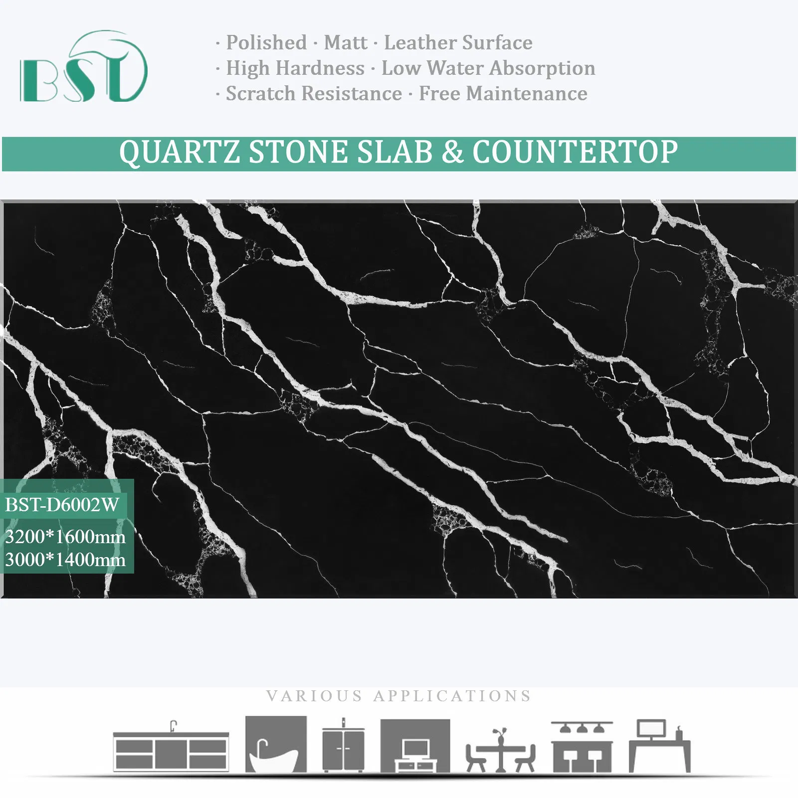 Engineered Pure Black Calacatta Silica Free Stone Surface Kitchen Countertop