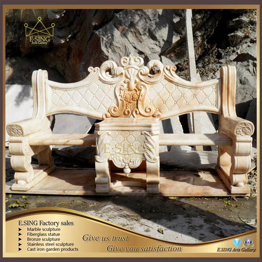 Garden Statuary Decoration Polished Natural Beige Marble Stone Bench with Back