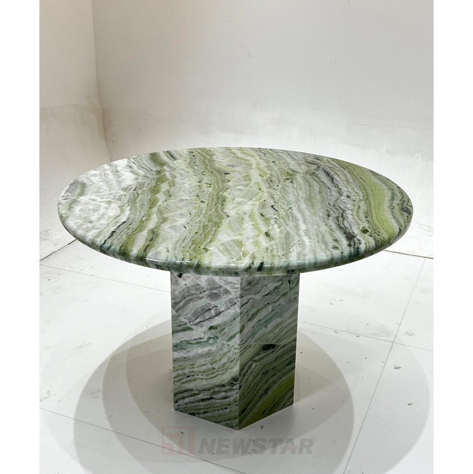 Premium Round Shangrila Marble Dining Table Stone Furniture Hexagon Base Design Modern Light Green Marble Dining Table
