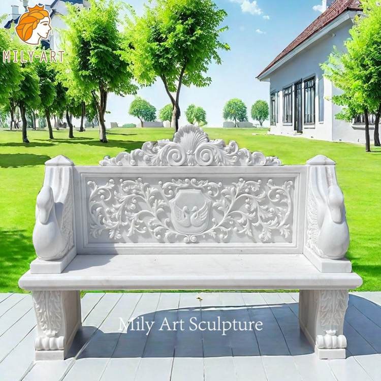 Outdoor Park Carved Stone Seating Bench Luxury White Marble Bench