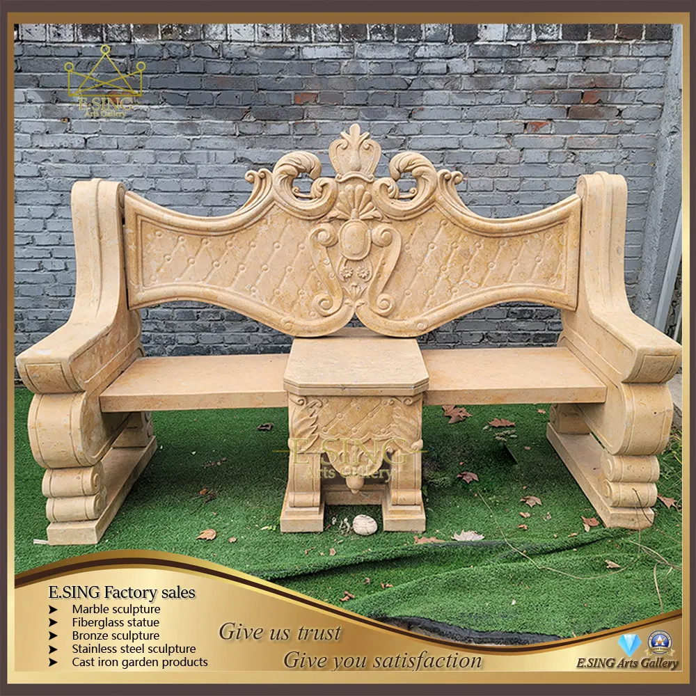 Garden Statuary Decoration Polished Natural Beige Marble Stone Bench with Back