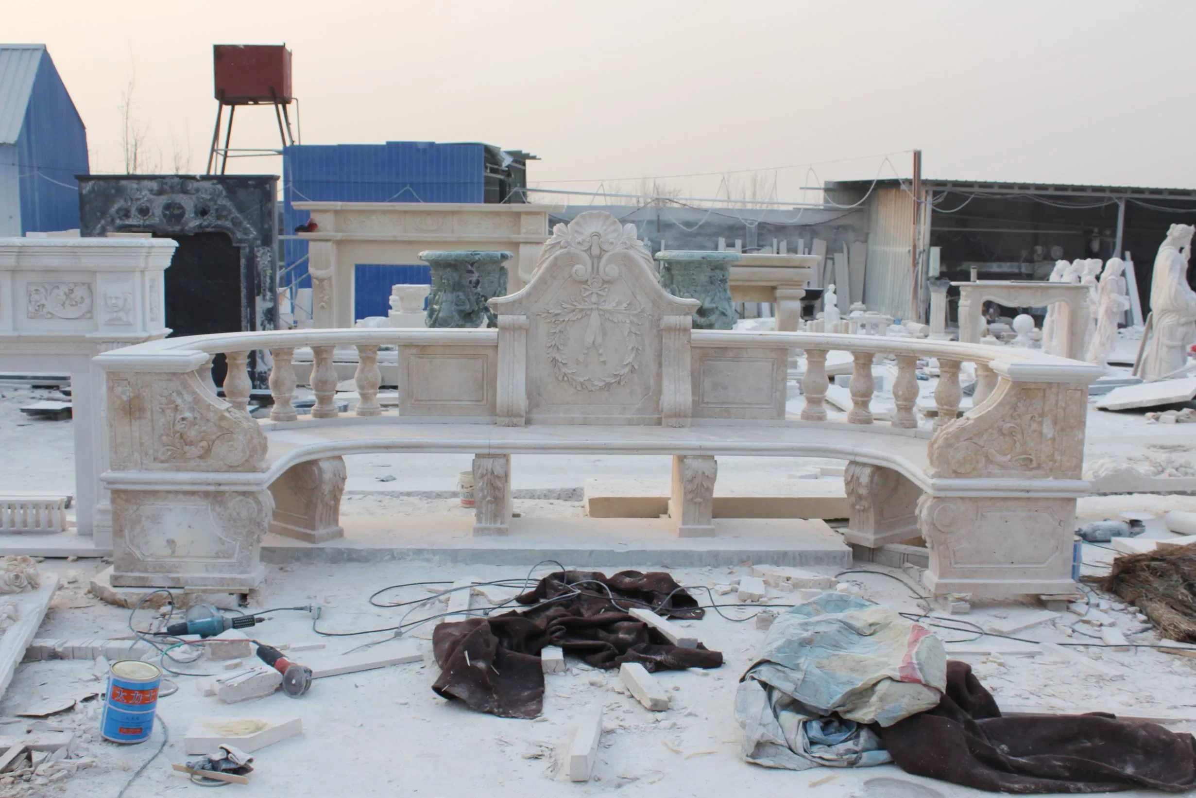 Customized Antique Large Outdoor Park Decoration Stone Carvings and Sculptures Furniture Hand Carving Garden Long Chair Seat Beige Marble Bench (SY-T010)
