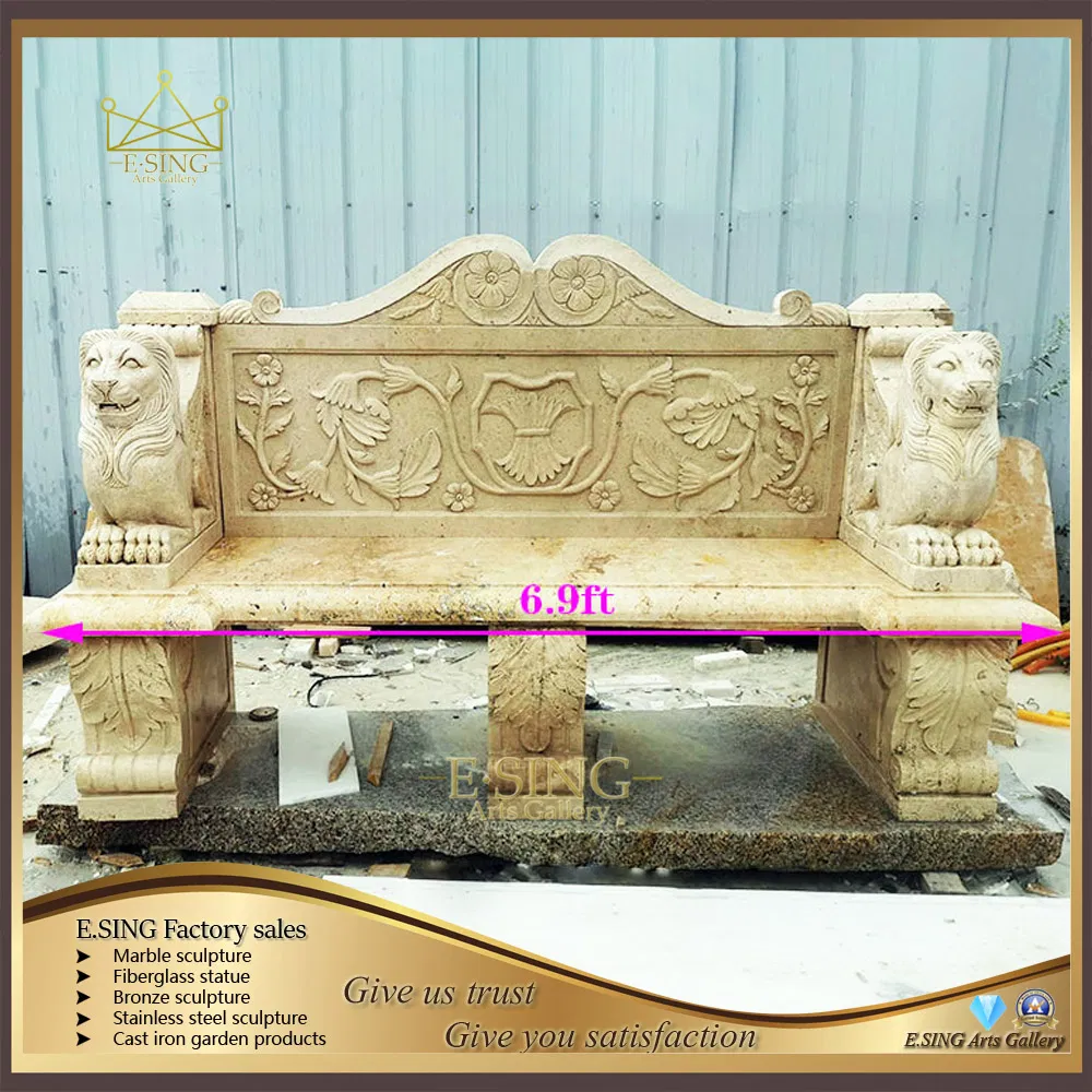 Garden Statuary Decoration Polished Natural Beige Marble Stone Bench with Back