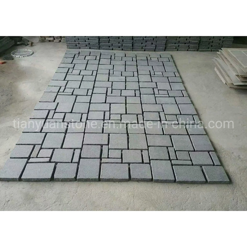 Interlocking Flamed Finish G684 Black Cobblestone on Mesh for Driveway Walkway Pavement