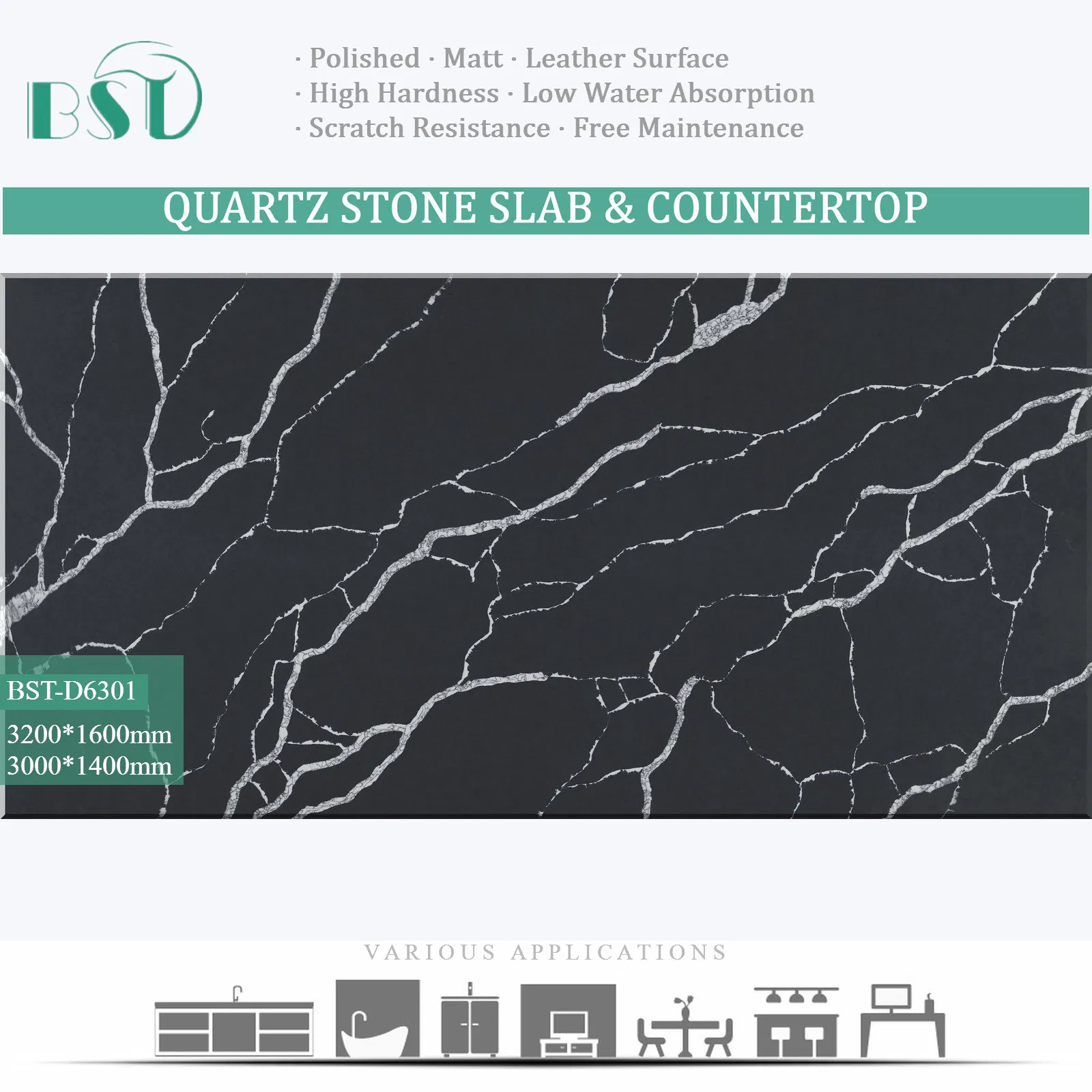 Engineered Pure Black Calacatta Silica Free Stone Surface Kitchen Countertop