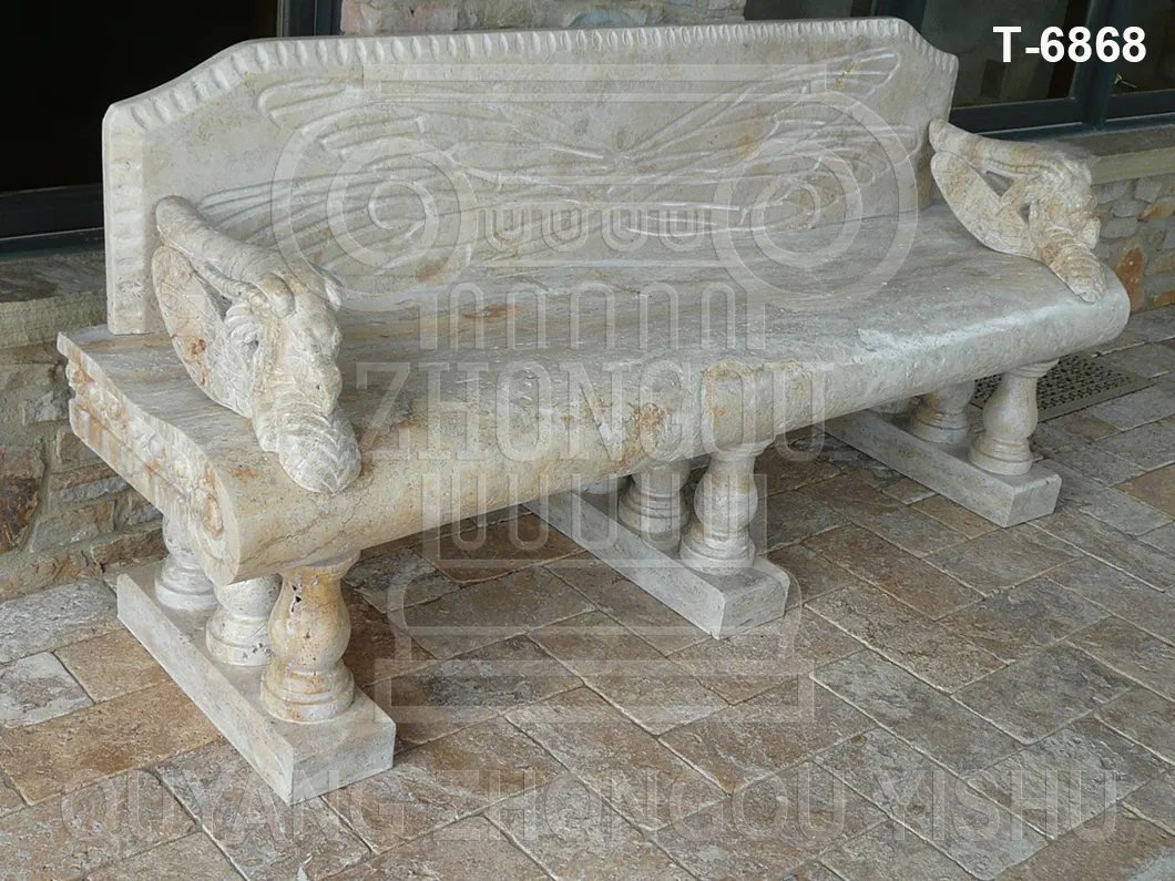 Marble Stone Garden Bench Carved with Dragon Detail View