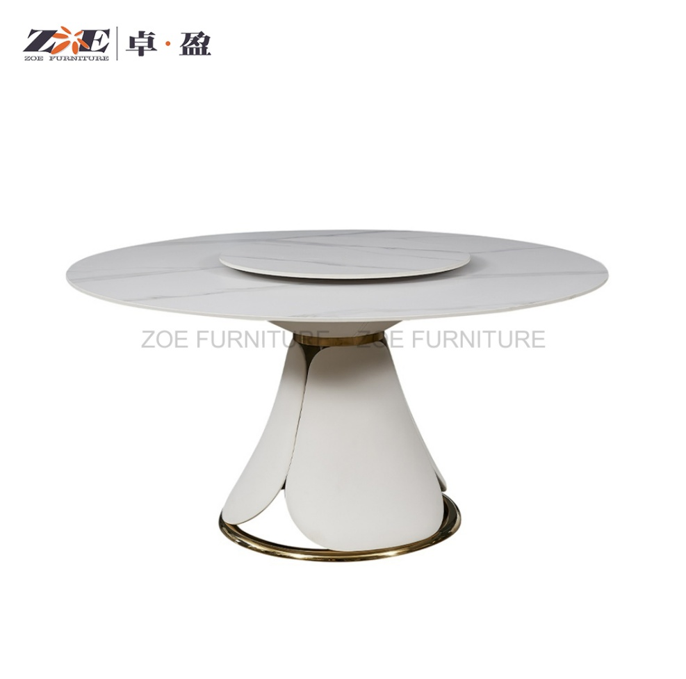 Trending Luxury Dining Set Collection: Sintered Stone Table with Marble Pattern &amp; Stainless Steel Base