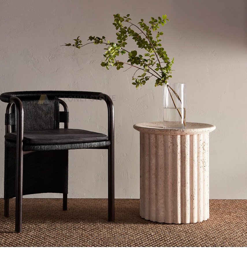 Natural Marble Side Table Stone Tea Table Home Decor Furniture Italian Round Center Table Travertine Coffee Table Fluted Travertine Side Table