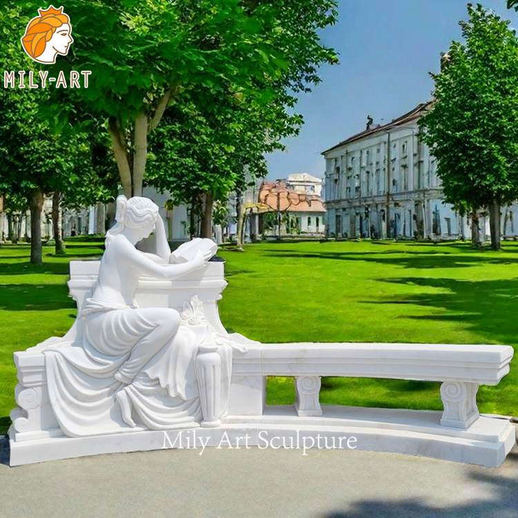 Outdoor Park Carved Stone Seating Bench Luxury White Marble Bench